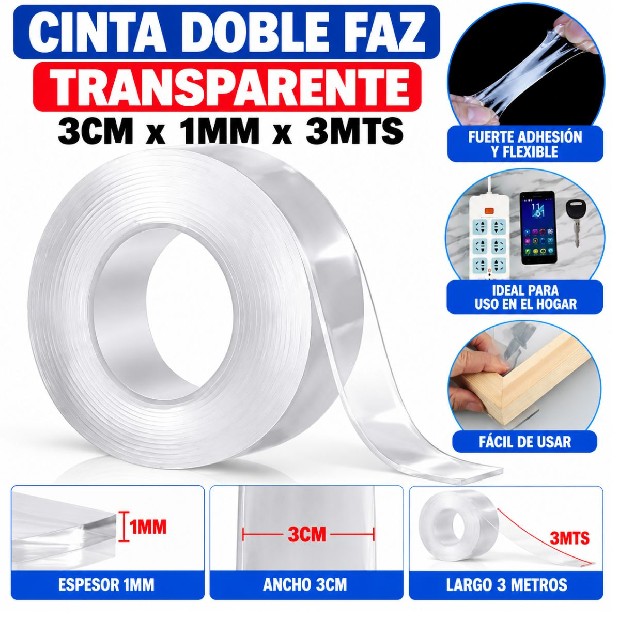 &ua CINTA DOBLE FAZ 3CM X 1MM X 3MTS TRANSPARENTE